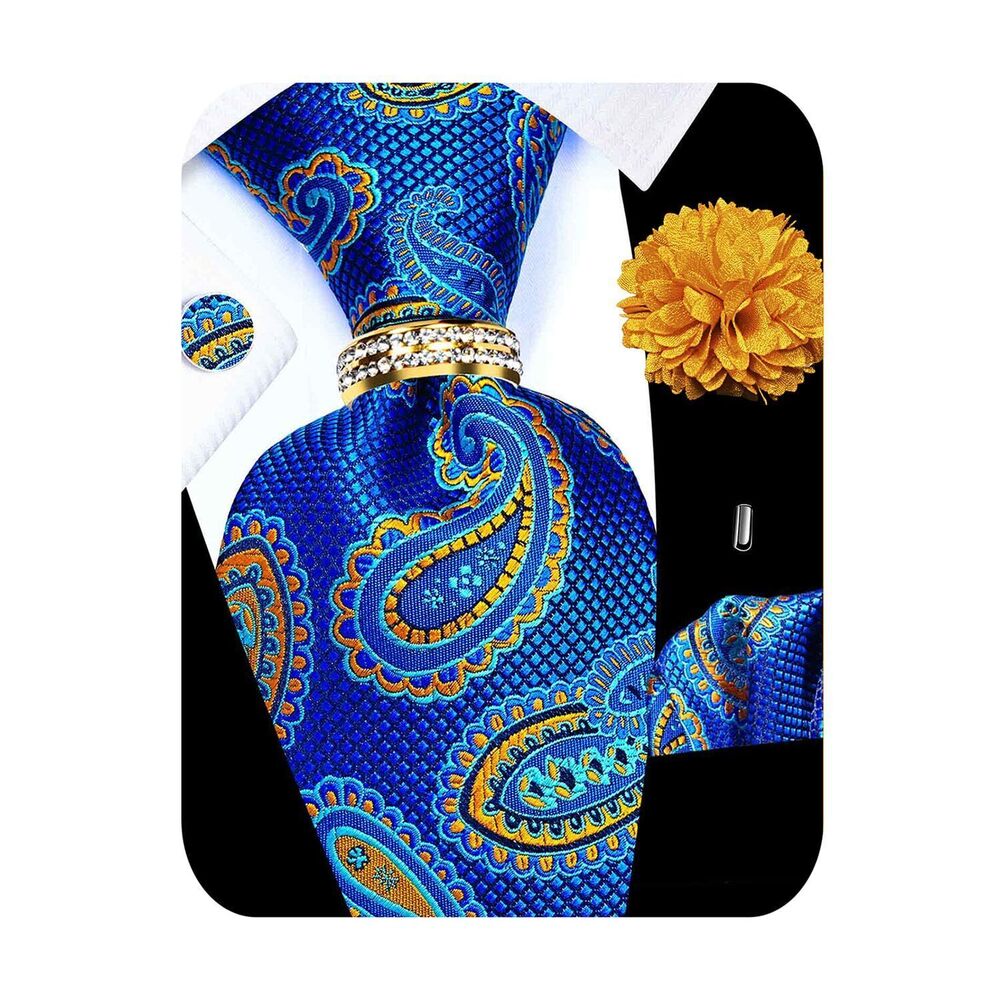 3772 5PCS Gold Blue Paisley Tie Pocket Square , Silk Necktie